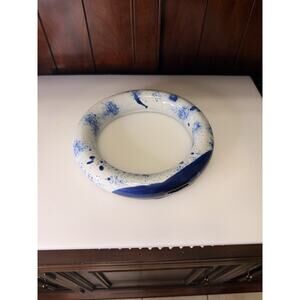 Modern Studio Pottery Ceramic Ring Sculpture Blue White Splatter Decor